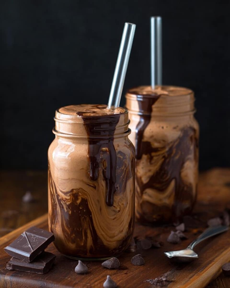 A tall clear glass jar filled with a thick, creamy chocolate smoothie that has a rich brown color and air bubbles on the surface. The inside of the jar is decorated with dark chocolate syrup dripping down the sides, and the top is garnished with small chocolate chips and chocolate shavings. A clear straw is inserted into the jar from the right side. The jar is placed on a white marbled surface with some scattered chocolate chips nearby. Photo taken with an iphone --ar 4:5 --v 7
