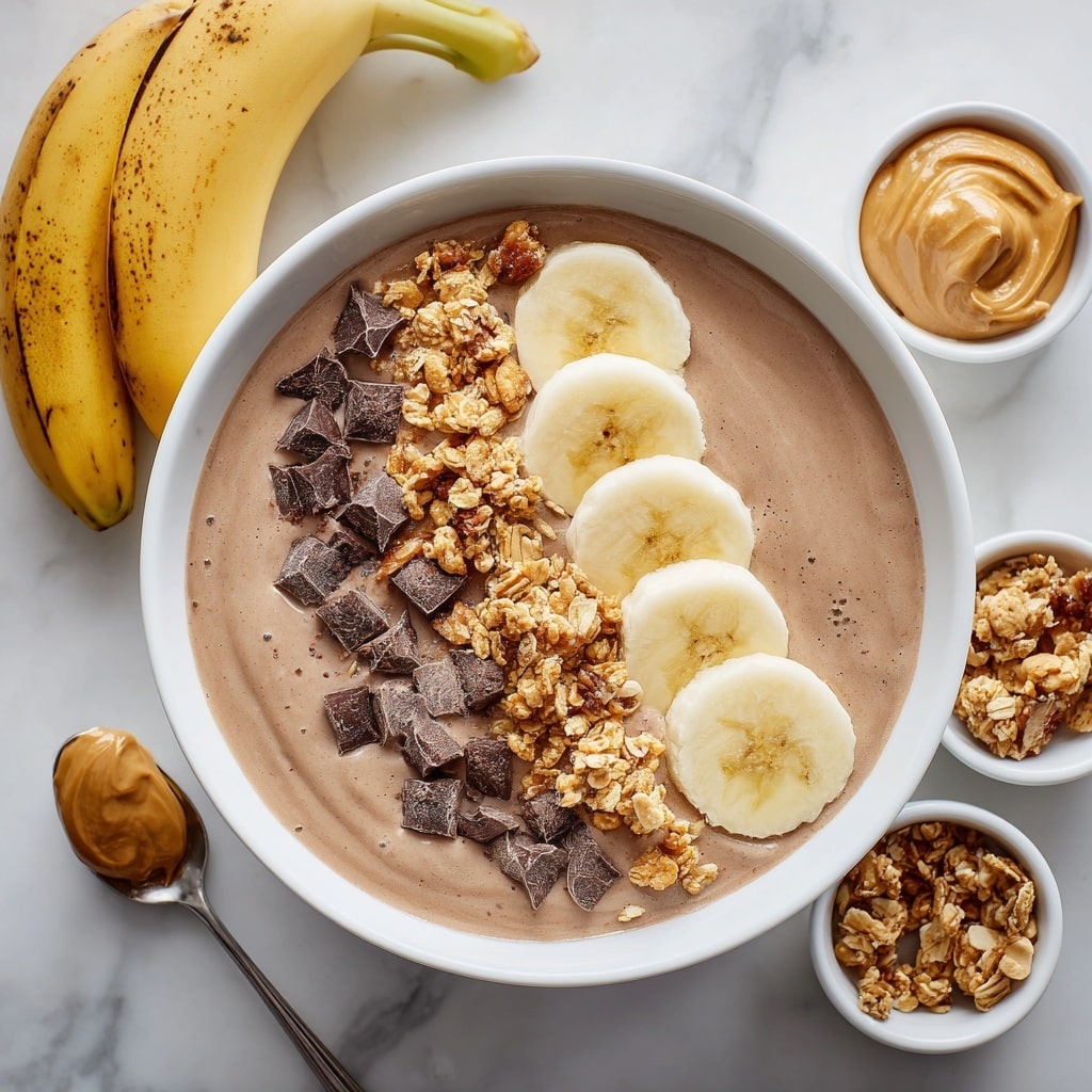 A white bowl filled with smooth, light brown chocolate smoothie, topped with three main layers of toppings arranged in neat stripes across one side. The first layer on the left is made of small dark brown chocolate chunks, next to it are five round, pale yellow banana slices, and beside them is a crunchy golden-brown granola clump with visible oats and nuts. The bowl sits on a white marbled surface with a spoon holding peanut butter below it and two small white bowls nearby, one filled with granola and the other with chocolate chunks. Two ripe bananas with brown spots lie in the top left corner. Photo taken with an iphone --ar 4:5 --v 7
