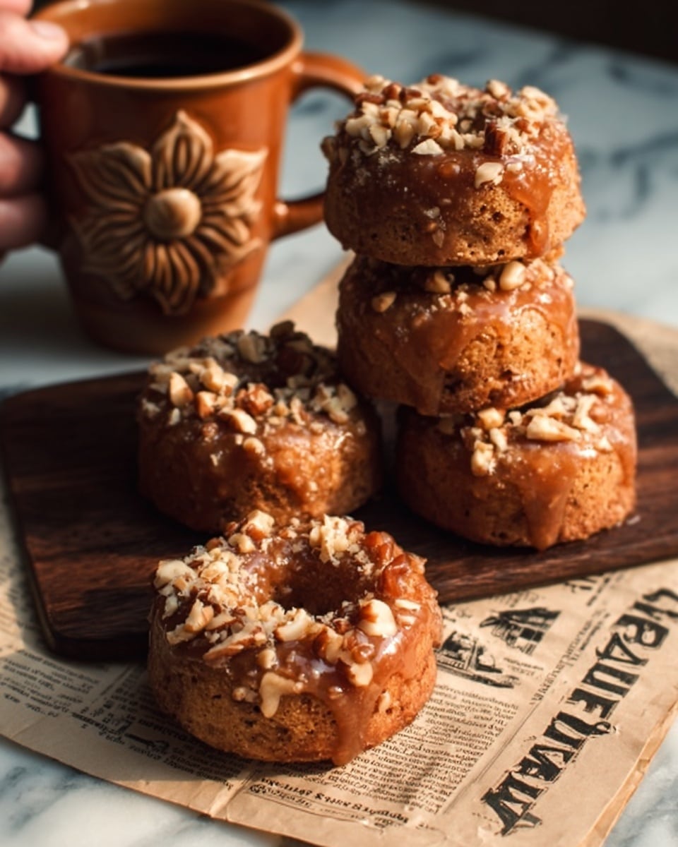 The image shows two donuts on a white marbled surface, one partially in front with a bite taken out of it showing its soft, brown, cake-like texture. Both donuts are covered with a smooth, creamy beige glaze sprinkled with small pieces of nuts. Behind the donuts, there are two cinnamon sticks and a blurred bottle with an amber liquid. The lighting highlights the glossy glaze and the texture of the donuts. Photo taken with an iphone --ar 4:5 --v 7