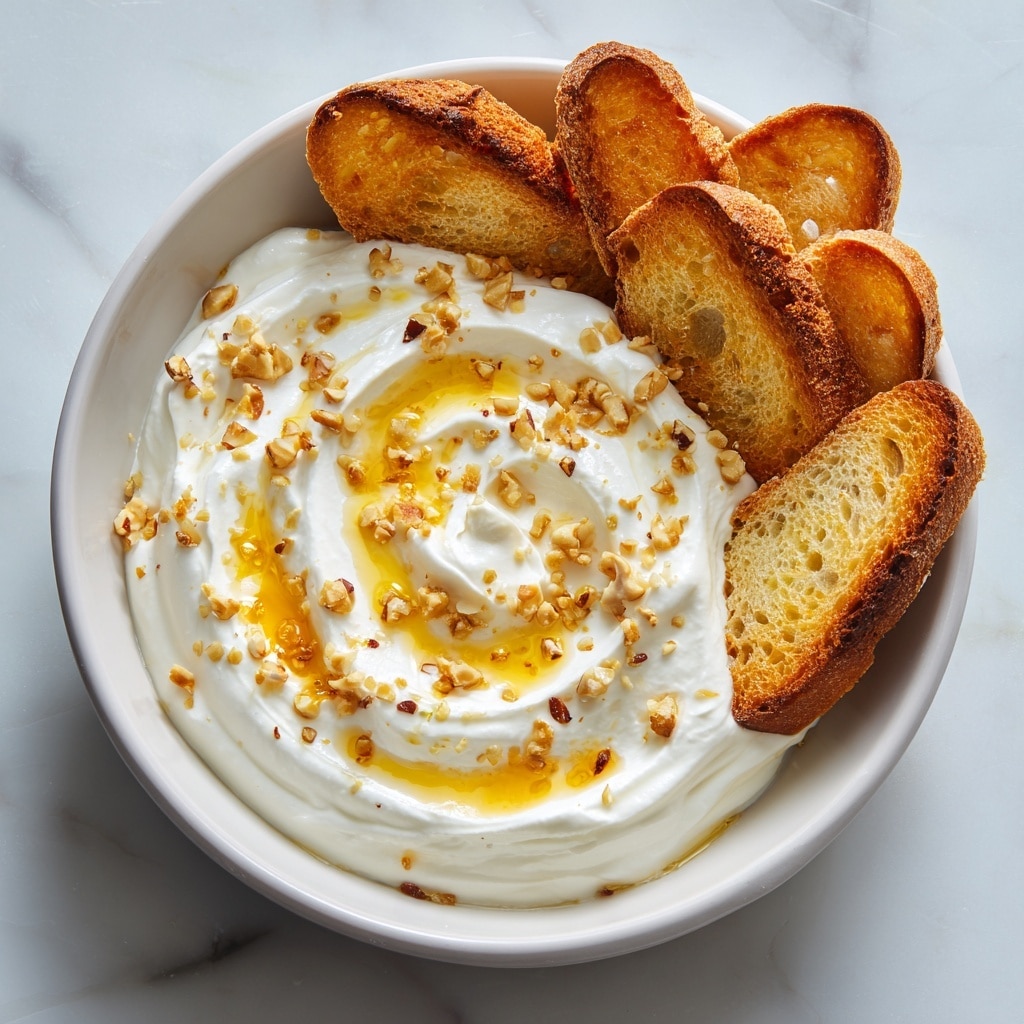 The image shows a wooden board with slices of golden toasted bread arranged in a circular pattern around a white bowl. Inside the bowl, there is a creamy white spread with smooth texture, topped with a swirl of amber-colored honey and sprinkled with small green pistachio pieces and a few black seeds. A small glass jar of honey with a golden honey dipper is placed behind the bowl on the right side. The bread slices are crispy and light brown with some darker toasted spots, and the background is a white marbled surface with a white cloth with blue stripes to the right side. photo taken with an iphone --ar 4:5 --v 7