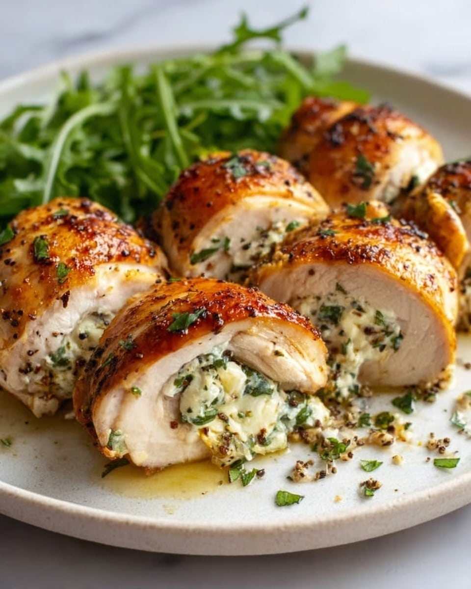 Two stuffed chicken breasts are shown close-up on a wooden board over a white marbled texture. Each breast is golden brown with a crispy, slightly charred top layer sprinkled with chopped green herbs. The inside of the chicken is filled with a creamy mixture of white cheese and green leafy herbs, visible where the chicken is slightly open. The bottom rests in a thick, orange-brown sauce that pools around the edges, with extra chopped herbs scattered on top and in the sauce. The overall look is warm, rich, and fresh. photo taken with an iphone --ar 4:5 --v 7