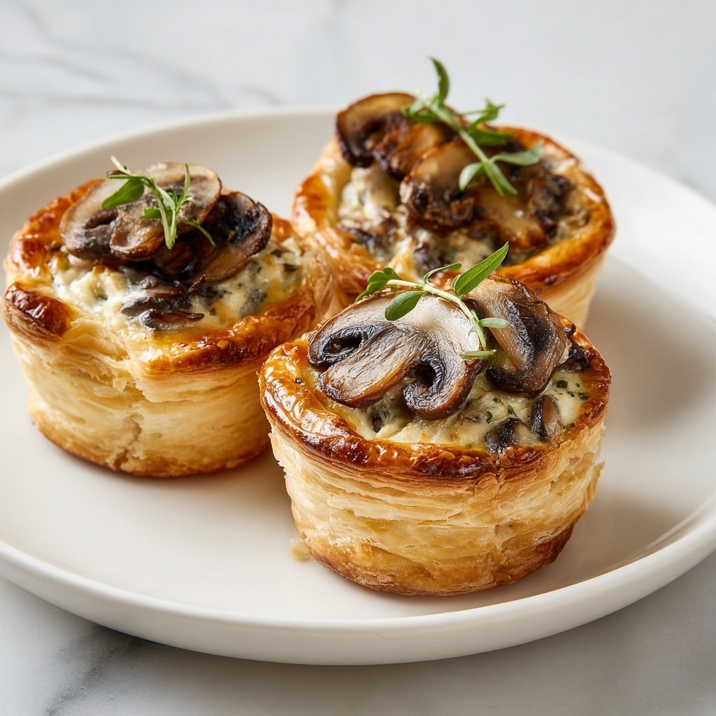 The image shows several small round pastries stacked closely together on a white marbled surface, each with a golden-brown, flaky top crust that looks crispy and shiny. One of the pastries is cut open, revealing multiple layers inside: a creamy, light-colored filling mixed with sliced, dark brown mushrooms that have a tender texture. Tiny green herb leaves are sprinkled on top of the pastries for a fresh touch. One pastry has a slice of cooked mushroom placed elegantly on its top. A woman's hand is gently holding the cut pastry, showing a soft and creamy inside. photo taken with an iphone --ar 4:5 --v 7