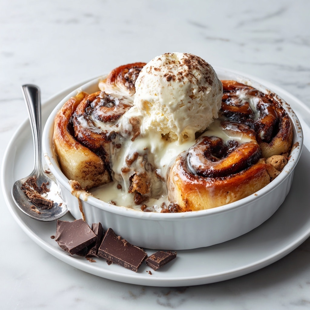 The image shows a single chocolate chip cookie cup with gooey melted chocolate and creamy vanilla ice cream melting on top. The cookie is golden brown and thick, with the melted ice cream dripping down its sides. A spoon holds a scoop of cookie and ice cream beside it on a white plate, and there are chunks of dark chocolate scattered around. Everything sits on a white marbled surface, giving a clean and bright look. Photo taken with an iphone --ar 4:5 --v 7