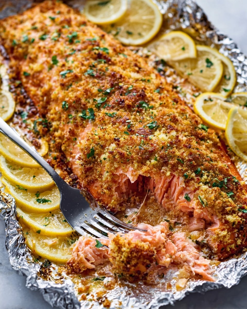 The image shows a cooked salmon fillet with a golden brown crumb topping that looks crunchy and textured, sprinkled with green herbs. The salmon is pink and flaky inside, gently separated into layers with a silver fork resting on it. There are several lemon wedges around the salmon, adding a bright yellow contrast. The entire dish sits on crinkled foil with a white marbled background visible around it. Photo taken with an iphone --ar 4:5 --v 7