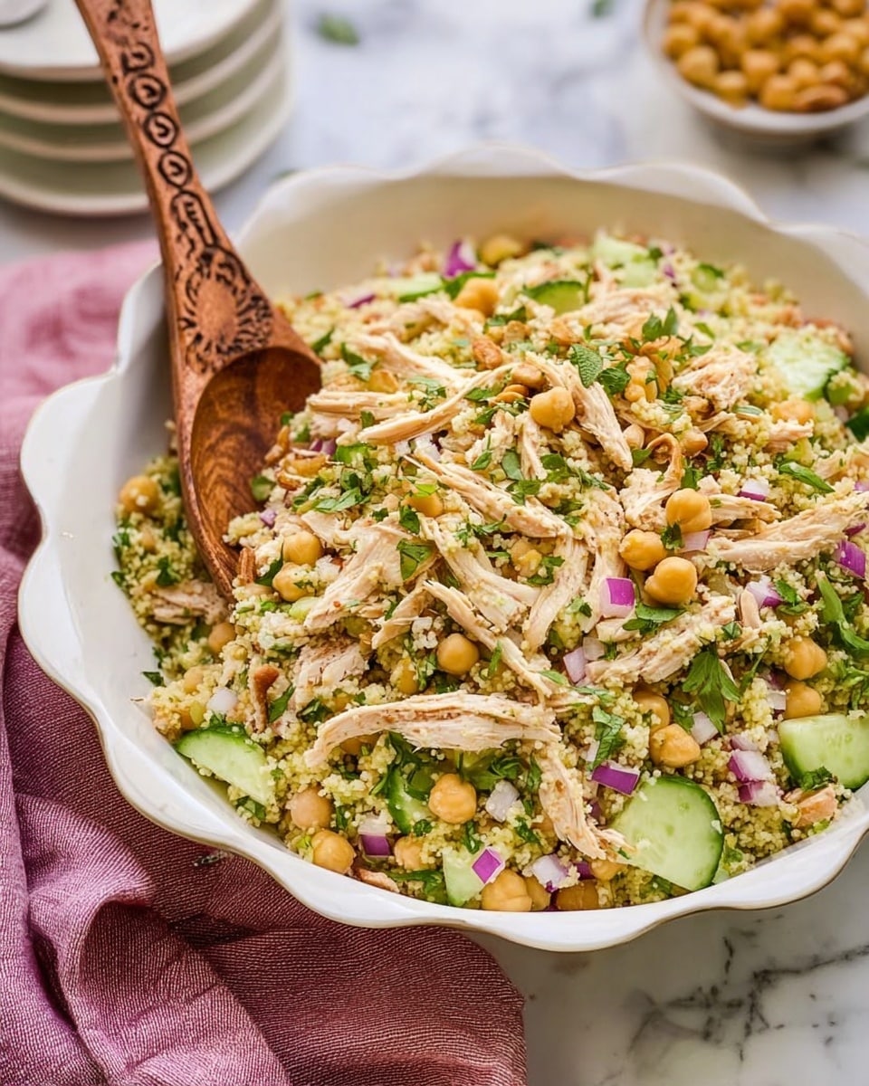 A white ridged bowl holds a colorful layered salad with eight distinct sections arranged in a circle. Starting from the left, there is a pile of light yellow quinoa grains with a slightly fluffy texture, followed by bright green sliced cucumber pieces stacked loosely. Next is a mound of finely chopped dark green herbs, above which are small squares of purple and white diced red onions. Adjacent to the onions are light beige shredded chicken strips, then a cluster of golden-brown roasted pistachios with a rough texture. Toward the bottom right, there is a pile of crumbly white feta cheese, and next to that, a section of smooth, round, tan chickpeas. The bowl sits on a white marbled surface with two wooden salad spoons nearby. Photo taken with an iphone --ar 4:5 --v 7