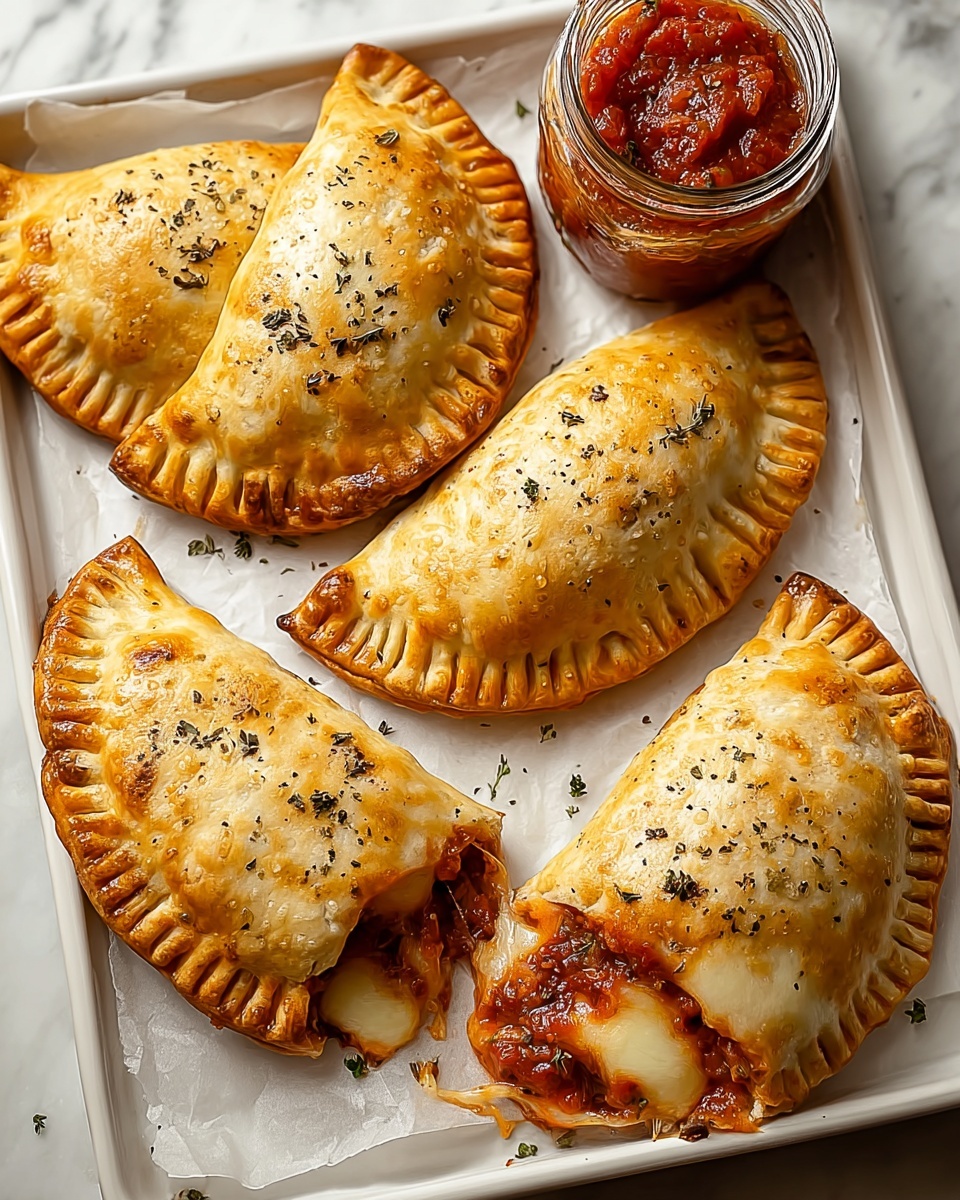 Five golden-brown baked hand pies arranged on a white rectangular tray lined with parchment paper, each pie showing crimped edges with a slightly glossy surface and small black herb flakes sprinkled on top; two pies are cut open revealing a rich red tomato-based filling with visible chunks, topped with melted bubbly cheese in light golden patches, while the other three pies remain whole with a smooth, browned crust. A small glass jar filled with chunky red sauce sits at the top right corner of the tray. The background features a white marbled texture. photo taken with an iphone --ar 4:5 --v 7
