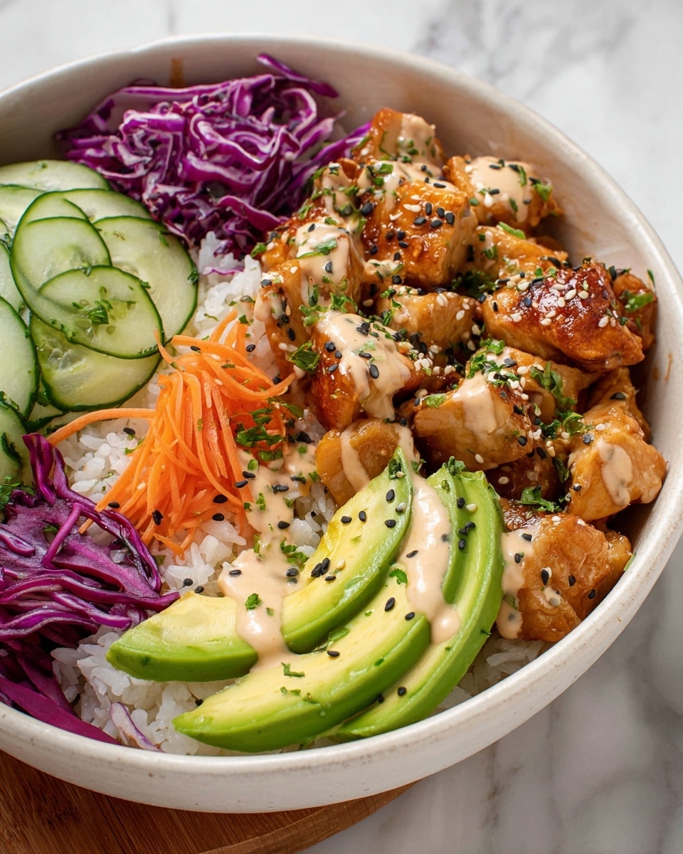 A white bowl on a white marbled surface holds a colorful dish with five main layers arranged side by side on a bed of white rice that covers the bottom half of the bowl. On one side are slices of bright green avocado, sprinkled with sesame seeds, resting on shredded deep purple cabbage. Next to the avocado are thin round slices of fresh green cucumber, also topped with sesame seeds. On the opposite side of the bowl is a pile of thin, bright orange carrot strips. Finally, glossy pieces of chicken covered in a shiny dark reddish-brown sauce with green onion pieces and sesame seeds are placed next to the rice in the bowl. Some small green herbs are scattered on top and around the bowl. photo taken with an iphone --ar 4:5 --v 7
