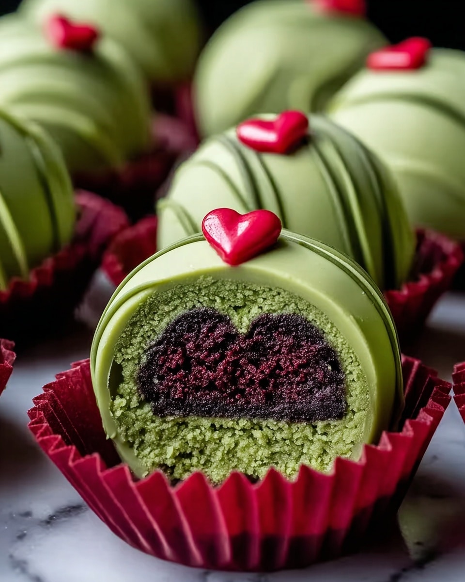 The image shows nine round treats placed unevenly on a brown textured mat with a few light green drizzles scattered around them. Each treat has a smooth, light green coating with thin, darker green icing stripes running horizontally across the top and sides. A small, bright pink heart-shaped decoration sits neatly on the top center of each treat. The overall look is tidy and colorful, with the green tones contrasting against the brown mat and pink hearts adding a pop of color. photo taken with an iphone --ar 4:5 --v 7