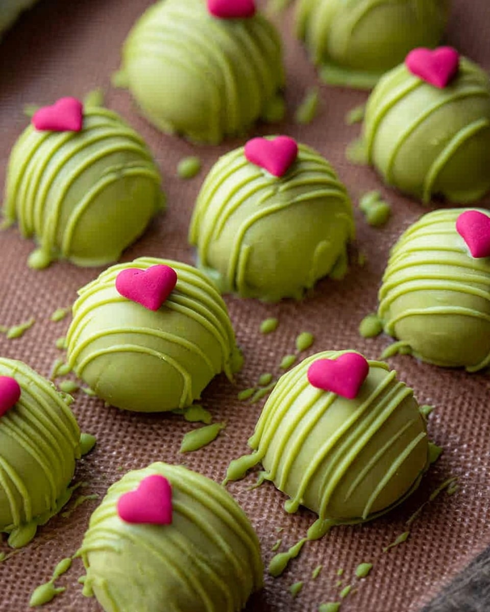 The image shows green round truffles with a smooth outer layer and thin green stripes on top. Each truffle sits in a red paper cup. One truffle is cut in half, revealing three layers inside: a dark green outer shell, a thin black middle ring, and a moist, crumbly dark red center. There is a small, shiny red heart-shaped decoration on top of each truffle. The background is a white marbled texture. photo taken with an iphone --ar 4:5 --v 7