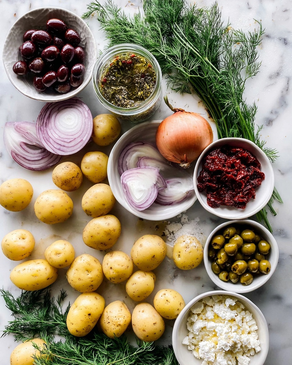 A clear glass bowl holds a layered potato salad, where the base layer consists of whole and halved small yellow potatoes with a smooth, slightly shiny skin. Scattered above and between the potatoes are thin slices of bright purple-red onion and dark purple olives, some cut in halves. Crumbled white cheese is sprinkled generously across the salad, contrasted by small green capers and fresh, feathery sprigs of dill adding a touch of vivid green. Bits of sun-dried tomatoes add a deep red color and some rough texture. The salad is lightly seasoned with black pepper and herbs, all sitting on a white marbled surface. photo taken with an iphone --ar 4:5 --v 7