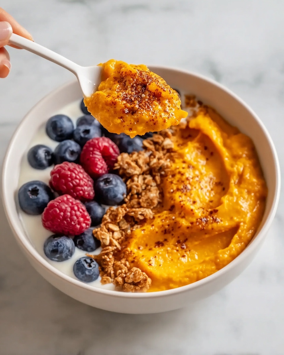 A white bowl filled with three main layers: at the bottom, a smooth white yogurt base is visible; above it, a thick, bright orange pumpkin puree layer spreads unevenly, sprinkled lightly with dark brown spices; on top and to one side, clusters of fresh blueberries and raspberries sit on a small bed of golden brown granola. A white spoon held by a woman's hand lifts a scoop of the orange pumpkin puree with a dusting of brown spice, hovering close above the bowl. The scene is set against a white marbled surface. photo taken with an iphone --ar 4:5 --v 7