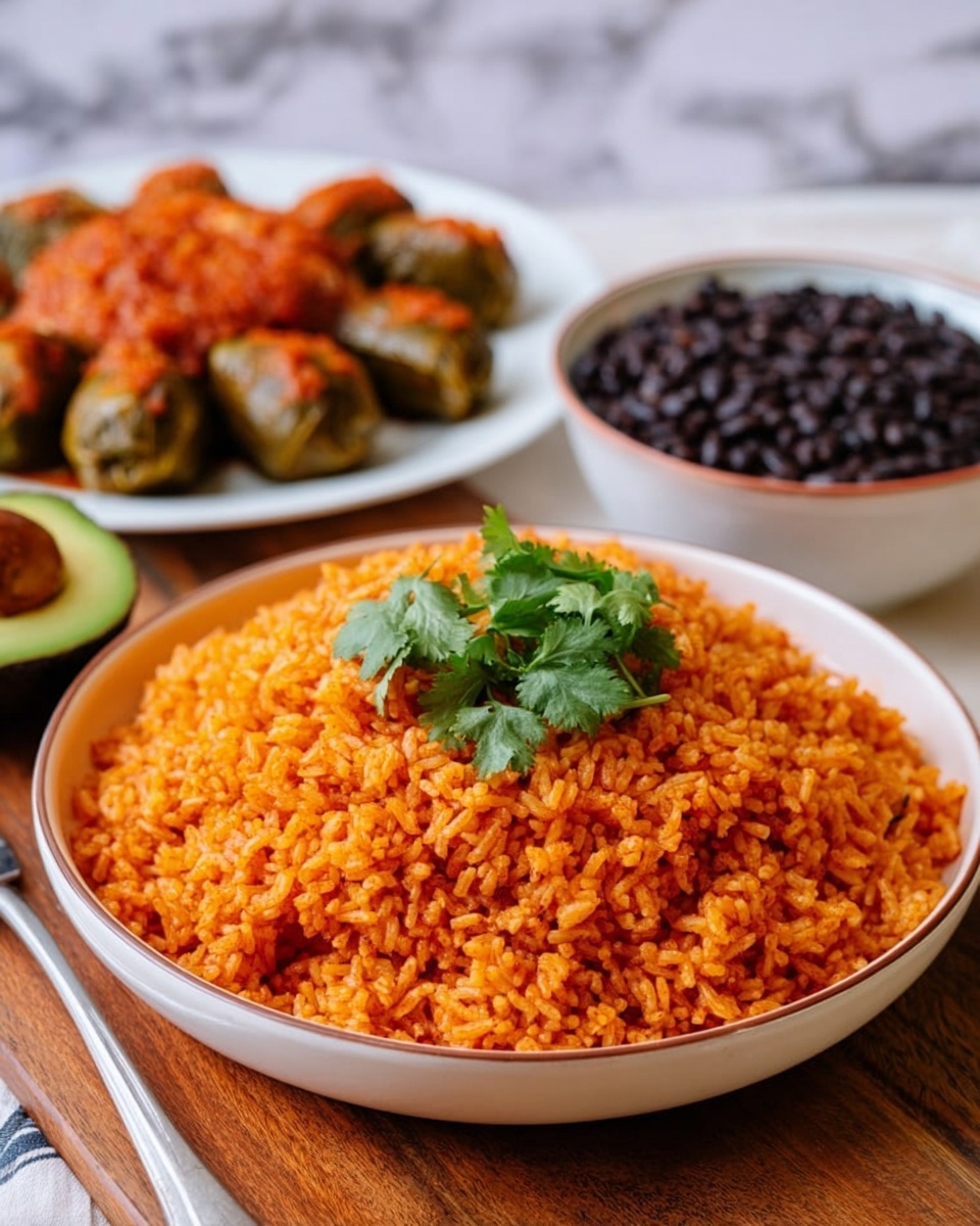 The image shows a close-up of a bowl full of orange-colored rice topped with fresh green cilantro leaves placed on top in the center, the rice looks fluffy and textured with each grain visible. Behind this, to the left, there is a white plate with round, golden-brown, stuffed poblano peppers covered in a reddish sauce. On the right, a white bowl filled with black beans is visible. Between the plates, a halved avocado sits with its green flesh and dark brown seed clearly seen. Everything is placed on a wooden surface with a white marbled background behind. photo taken with an iphone --ar 4:5 --v 7