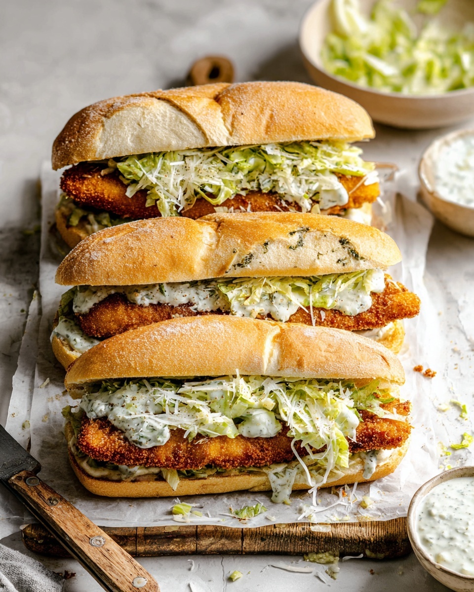 Three long sandwiches are stacked on top of each other on white parchment paper over a wooden board with a white marbled background. Each sandwich has a golden-brown toasted bun with visible herbs on the inside of the bottom bun, a crispy, breaded and fried chicken fillet layer in the middle that is crunchy and golden, topped with a layer of creamy, pale green lettuce mixed with white dressing, and sprinkled with fine, shredded white cheese. To the side, there is a small bowl filled with thick white sauce with small dark flakes, and part of a beige bowl contains extra lettuce salad. A large knife with a wooden handle rests at the top of the board. Photo taken with an iphone --ar 4:5 --v 7