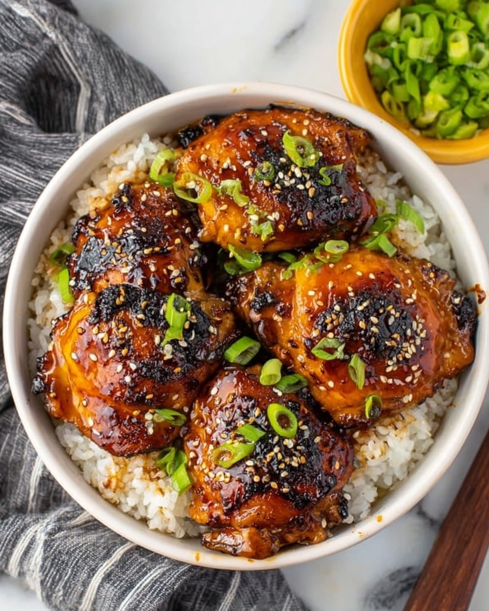 The image shows three pieces of grilled chicken thighs covered in a thick, shiny brown sauce with charred spots on the skin. Bright green chopped scallions are scattered on top of the chicken, adding a fresh color contrast. The chicken sits on a white plate with a subtle dark rim, and some sauce has spread around the pieces, creating a rich, glossy pool. The plate rests on a wooden round board, which is placed on a white marbled surface. Photo taken with an iphone --ar 4:5 --v 7