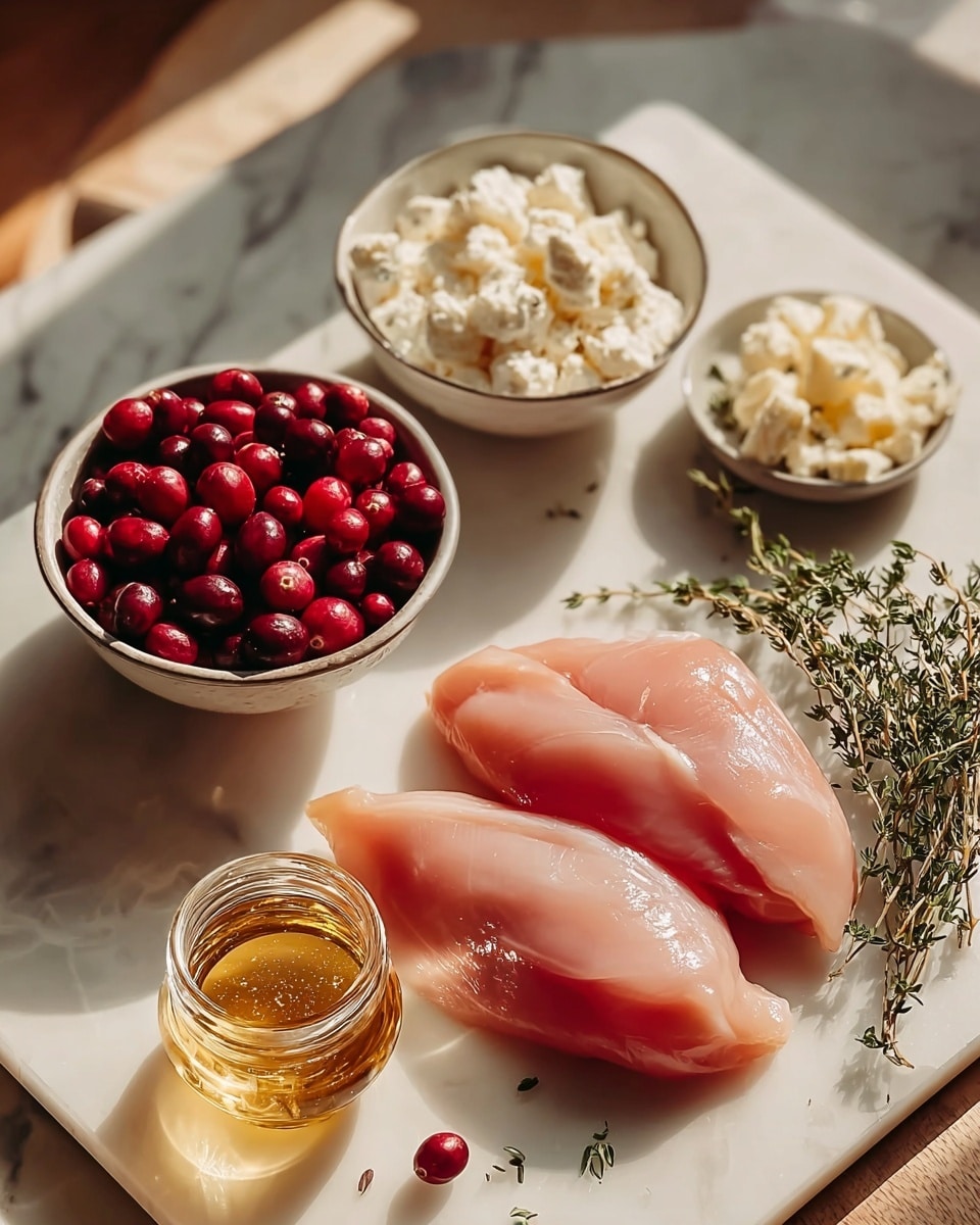 The image shows two raw chicken breasts with a shiny, pink texture placed on a white cutting board in the center right of the frame. To the left, there are three small bowls: one filled with bright red cranberries, another with white and slightly crumbly cheese, and the last one with small white pieces that resemble chopped nuts or more cheese. In front of the bowls, a small glass jar containing golden honey with sparkles catches the light. To the right of the chicken, a small bunch of fresh green thyme sprigs lies next to the cutting board. All ingredients are placed on a white marbled surface with warm natural light casting soft shadows. photo taken with an iphone --ar 4:5 --v 7