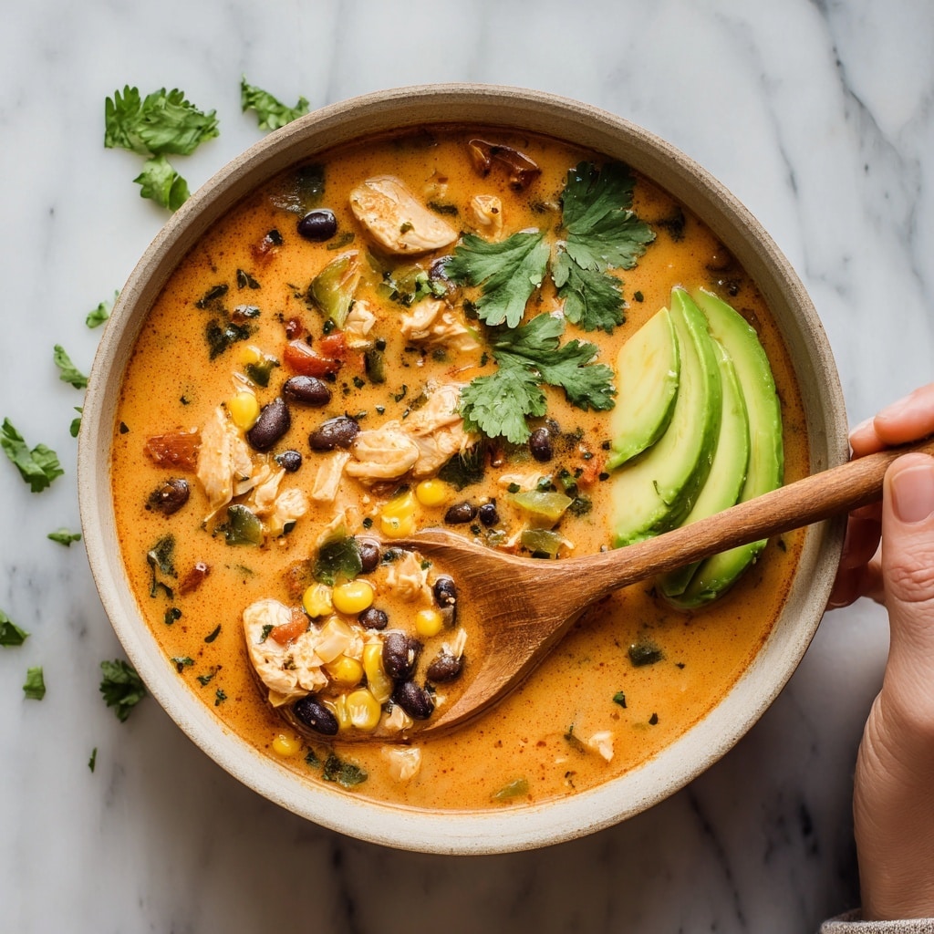 A close-up of a creamy orange soup filled with chunks of red tomatoes, white tofu, black beans, and green herbs, garnished with fresh green cilantro leaves scattered on top and two bright yellow lemon slices resting on the side. The soup is in a white bowl with a metallic spoon inside, held by a woman's hand at the bottom right corner. The bowl sits on a white marbled surface with some cilantro pieces around it. The texture of the soup looks smooth and rich, with vibrant, fresh ingredients visible throughout. photo taken with an iphone --ar 4:5 --v 7