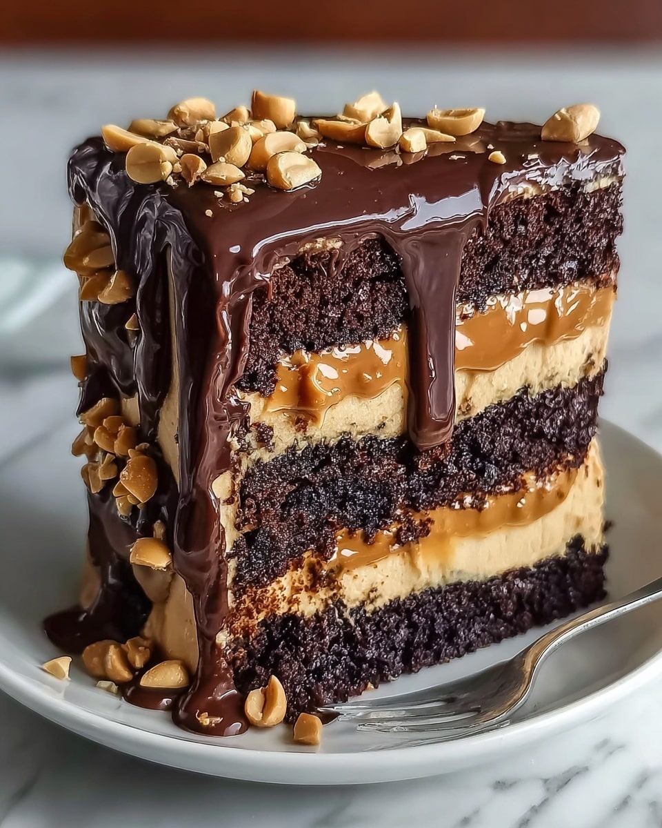 A tall slice of cake with four main layers is shown on a white plate, placed on a white marbled surface. The bottom layer is a dark, moist chocolate cake base, topped by a smooth, thick light brown peanut butter cream layer. Above this is another dark chocolate cake layer, followed by a glossy, rich dark chocolate ganache dripping down the sides. The top is decorated with chopped peanut pieces scattered over the shiny ganache. The texture of the cake looks soft and dense, with the creamy peanut layer contrasting the dark chocolate layers. Photo taken with an iphone --ar 4:5 --v 7
