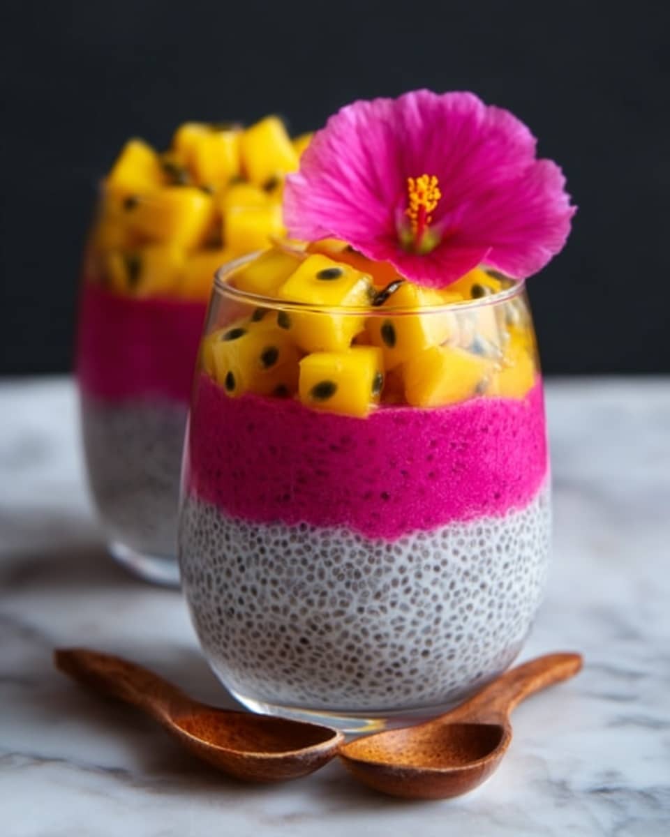 A clear glass shows three bright layers of a dessert. The bottom layer is light gray with small black chia seeds, smooth and creamy. The middle layer is bright pink, thick and slightly textured. The top layer has yellow mango cubes with small black passion fruit seeds scattered around, giving a fresh, juicy look. A bright pink flower sits on top as decoration. The glass is set on a white marbled surface. Two small wooden spoons lie in front of the glass. Photo taken with an iphone --ar 4:5 --v 7