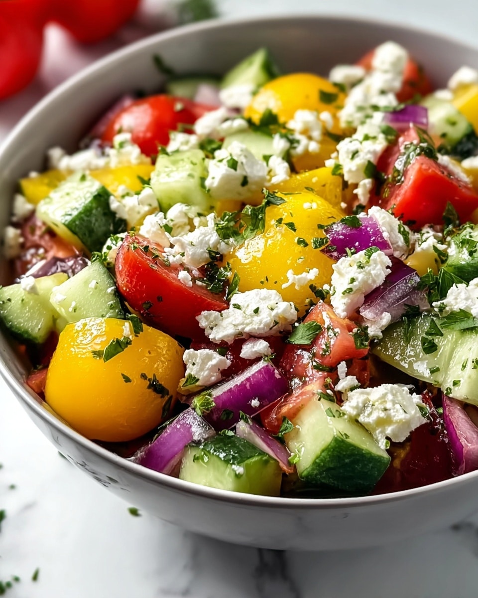 A close-up of a fresh salad served in a white bowl, filled with one layer of mixed vegetables including yellow and red cherry tomatoes, bright green cucumber chunks, and diced red onion pieces. Scattered among the vegetables is a layer of crumbly white cheese, small and unevenly spread across the salad, with chopped green herbs sprinkled on top. The textures range from smooth and shiny tomatoes to crisp cucumbers and soft cheese, all sitting on a clean white marbled surface. Photo taken with an iphone --ar 4:5 --v 7