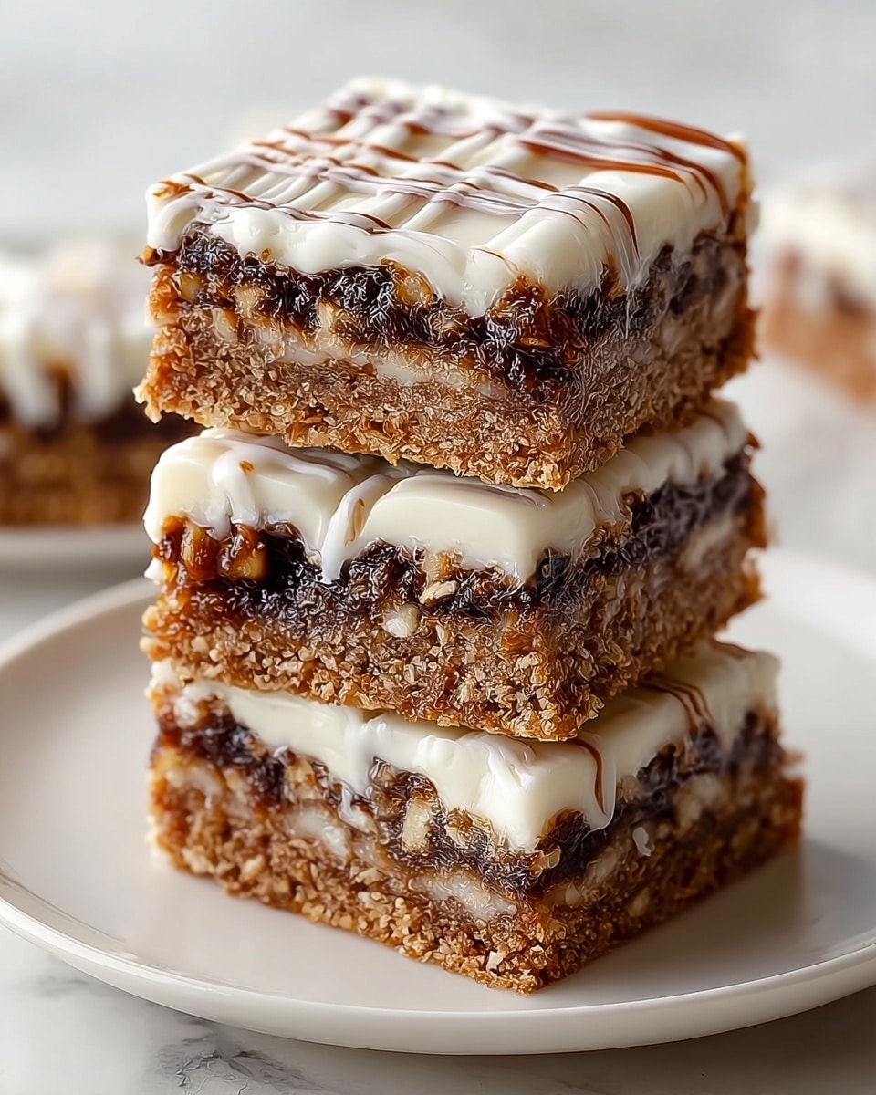A stack of three square dessert bars sits on a white plate on a white marbled surface. Each bar has three clear layers: a light brown crunchy base, a thick middle layer of dark brown gooey filling with visible nuts, and a smooth white frosting layer on top with a drizzle pattern of the same white frosting. The bars have a slightly crumbly texture on the edges, and the frosting looks creamy and glossy. Photo taken with an iphone --ar 4:5 --v 7