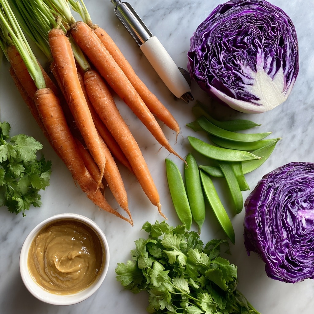 A white bowl filled with a colorful salad showing multiple layers: at the bottom, small light beige quinoa grains; mixed throughout, bright orange shredded carrots and thin purple cabbage strips; scattered green snap peas and leafy herbs add contrast; the salad is topped with light brown crushed peanuts and a lime wedge on the side; a silver fork is inserted into the salad from the right side; the bowl rests on a white cloth over a white marbled surface; a clear glass bowl with more crushed peanuts is partially visible at the top left corner; photo taken with an iphone --ar 4:5 --v 7