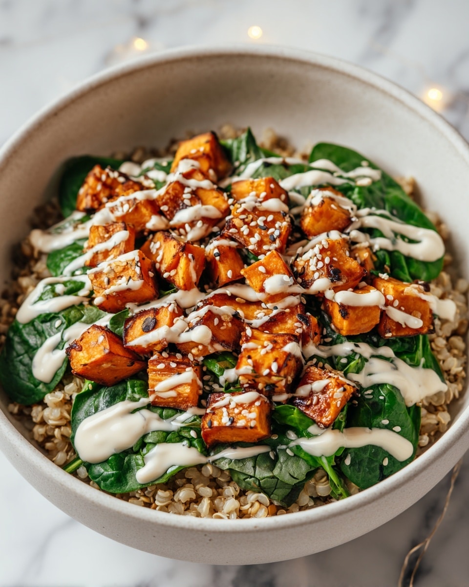 A white bowl filled with three visible layers: the bottom layer is light tan cooked grains with a soft texture, the middle layer is fresh green spinach leaves scattered evenly, and the top layer consists of small roasted orange sweet potato cubes with a slightly charred look. The dish is drizzled with a creamy white sauce and sprinkled lightly with sesame seeds, all placed on a white marbled textured surface next to a brown woven cloth and warm string lights. photo taken with an iphone --ar 4:5 --v 7