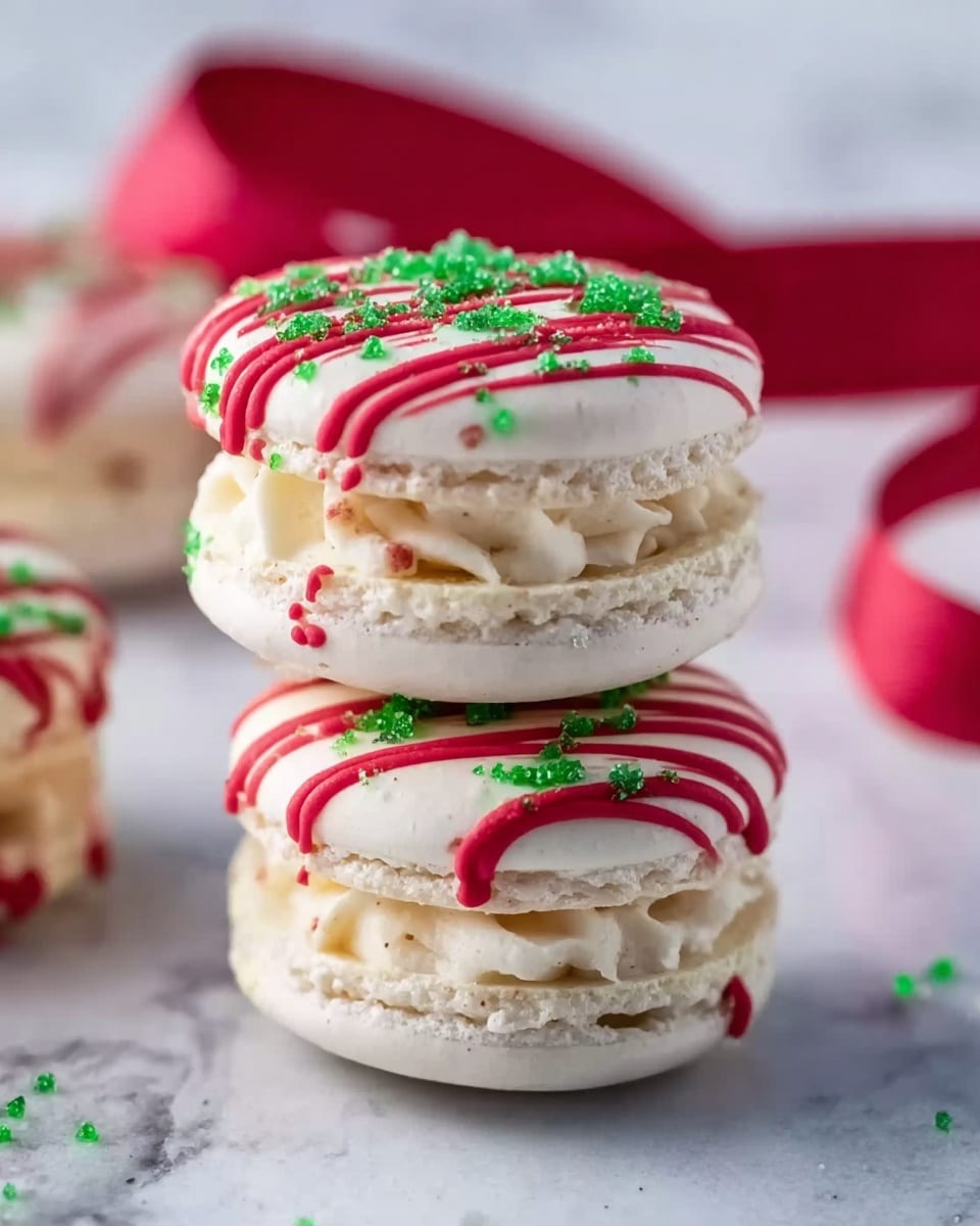 The image shows a close-up of several white macarons stacked and laid out on a white plate, each decorated with red and green zigzag icing on top. The macarons have smooth, shiny shells with a creamy filling visible between the two layers. The background includes blurred Christmas decorations in red, green, and white colors, creating a festive atmosphere. Small green sprinkles are scattered around the plate and the macarons themselves. The overall lighting is soft, highlighting the texture and color details clearly. photo taken with an iphone --ar 4:5 --v 7