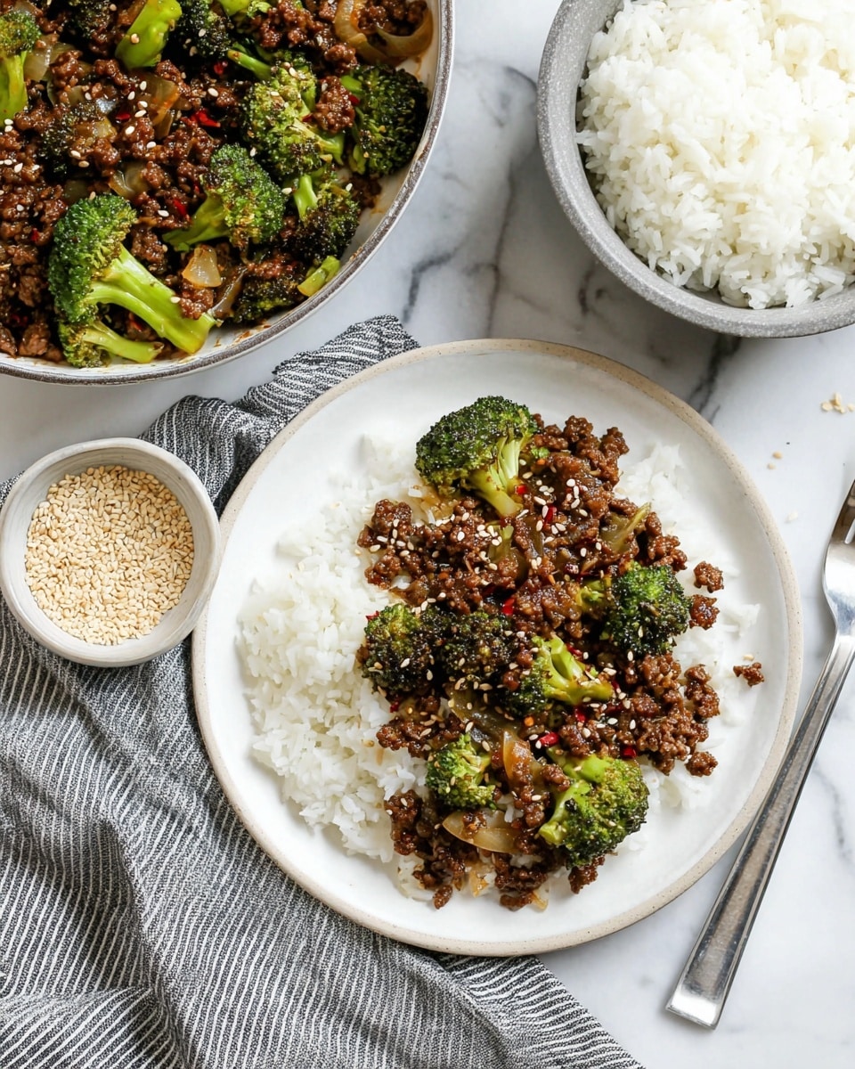 A round white plate holds a dish with two layers; the bottom layer is a fluffy bed of white rice, and on top is a mix of dark brown cooked ground beef, bright green broccoli florets, and translucent sautéed onions in a shiny sauce. The dish is garnished with light brown sesame seeds and small red chili flakes scattered on top. Nearby, there is a larger white bowl containing more of the same beef and broccoli mixture, and a gray bowl filled with white rice. A small white bowl with sesame seeds sits next to the plates on a white marbled surface, along with a gray striped cloth and a silver fork. Photo taken with an iphone --ar 4:5 --v 7