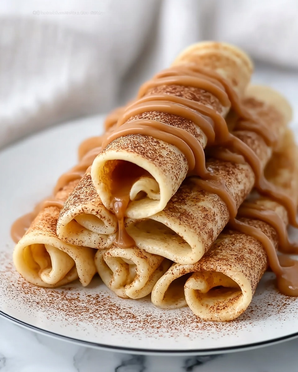 The image shows three rolled crepes stacked on top of each other on a white plate with a thin dark rim, placed on a white marbled surface. The crepes have a light golden color with a soft texture and are dusted with a fine layer of brown cinnamon powder evenly on top. Each crepe is drizzled with a shiny caramel or dulce de leche sauce in flowing lines over the surface, adding a rich smooth texture and darker brown contrast. In the background, there is a soft white cloth and cinnamon sticks, adding a warm atmosphere. photo taken with an iphone --ar 4:5 --v 7