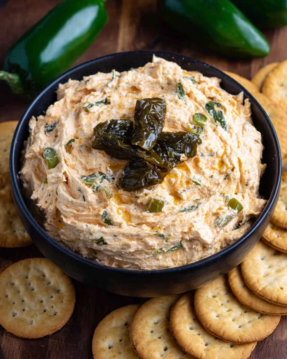 A black bowl filled with a creamy, light orange spread that has visible green pieces mixed throughout, topped with a few dark green, slightly charred pepper chunks in the center. The bowl sits on a wooden surface surrounded by round, golden, salted crackers and bright green whole peppers in the upper left corner. The texture of the spread looks smooth but with some small chunks and flecks of herbs. Photo taken with an iphone --ar 4:5 --v 7