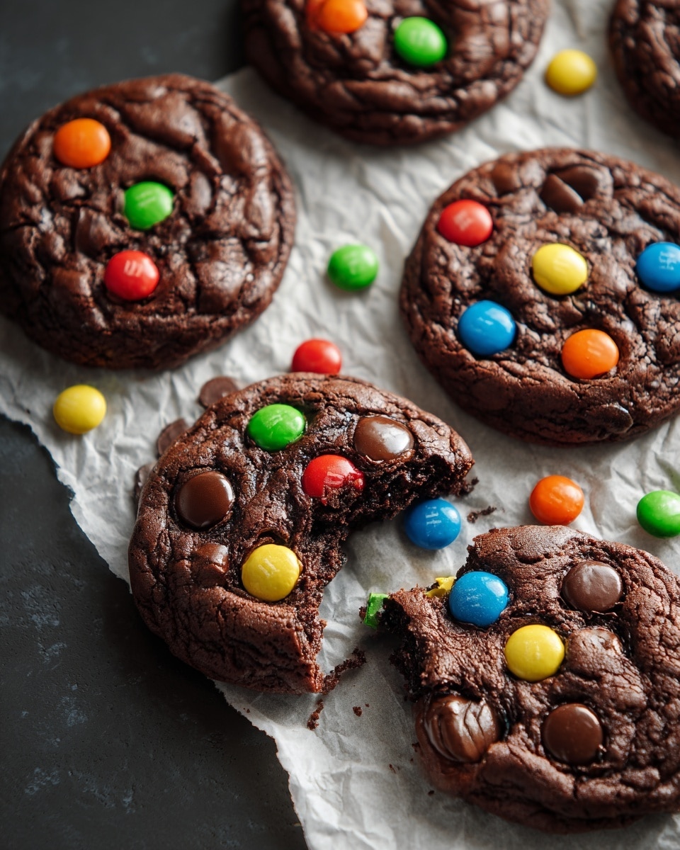 A close-up view of soft, round chocolate cookies studded with colorful candy-coated chocolates in red, blue, green, yellow, and orange. The main cookie in the foreground has a bite taken out, showing a gooey, rich, dark chocolate center. The cookie's surface is cracked and shiny, with small salt flakes sprinkled on top that highlight the texture. Scattered candy pieces lie around the cookie on a white marbled surface, with more cookies blurred in the background, creating a cozy and inviting scene. photo taken with an iphone --ar 4:5 --v 7