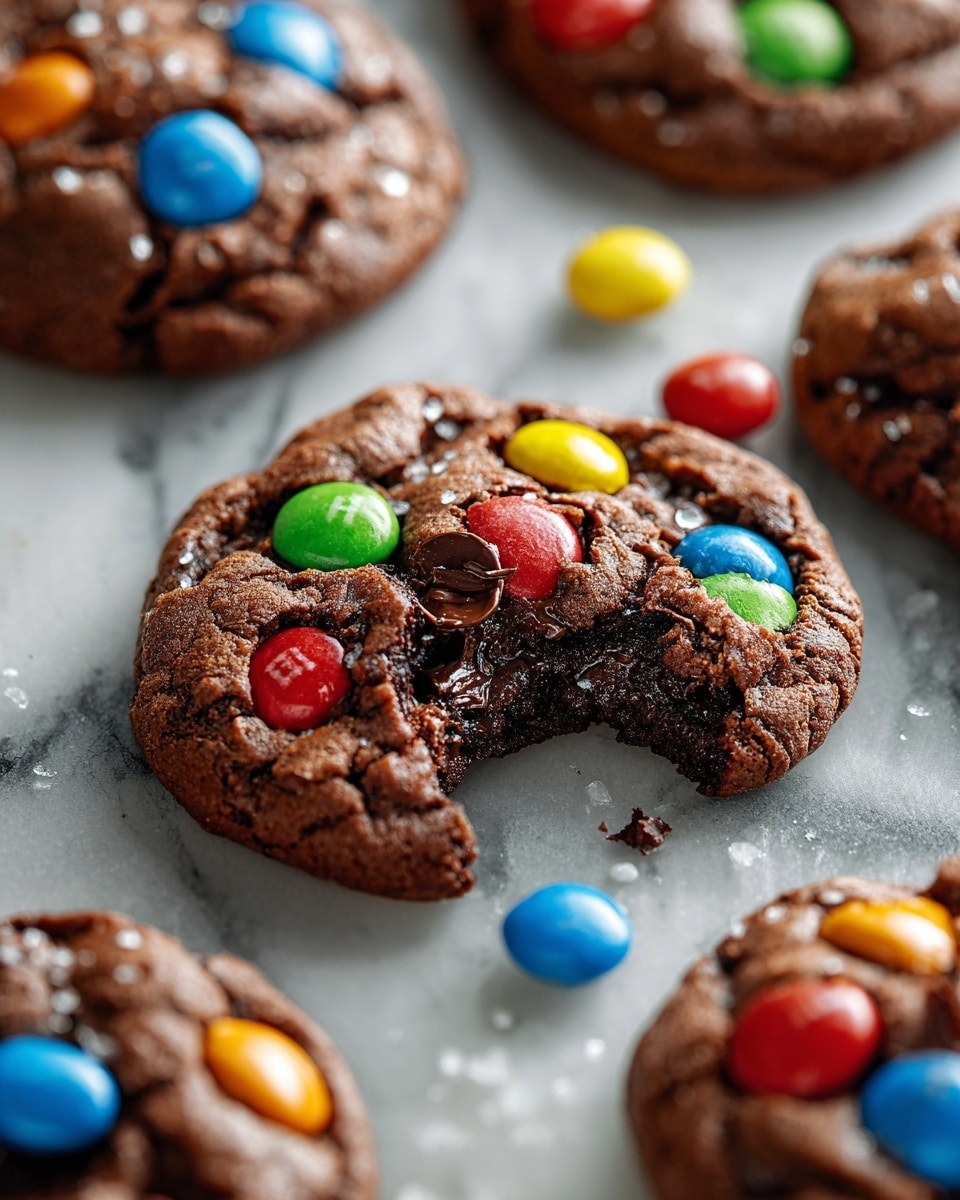 The image shows a close-up of nine round, thick chocolate cookies with a cracked, slightly rough top texture. Each cookie is embedded with smooth, shiny chocolate chips and bright, colorful candy pieces in red, yellow, green, blue, and orange spread across their surfaces. One cookie is partially broken, revealing a dense, moist, and rich dark brown interior. The cookies rest on white crumpled parchment paper placed over a dark surface, with scattered colorful candy pieces both on the paper and around the cookies. The overall look is rich and inviting. photo taken with an iphone --ar 4:5 --v 7
