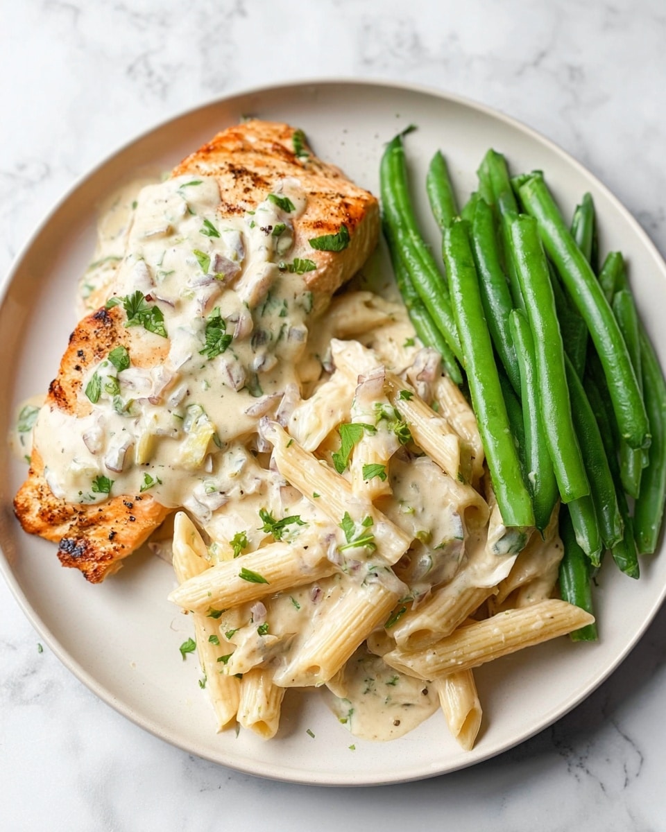 The image shows a black cast iron skillet filled with four pieces of golden-brown, seared chicken breasts layered on top of a creamy white sauce with green herbs sprinkled around. The chicken pieces have a crispy texture with a light char on the surface. A gold spoon is placed inside the skillet, resting on the edge and slightly touching the sauce. The background is a white marbled texture. Photo taken with an iphone --ar 4:5 --v 7