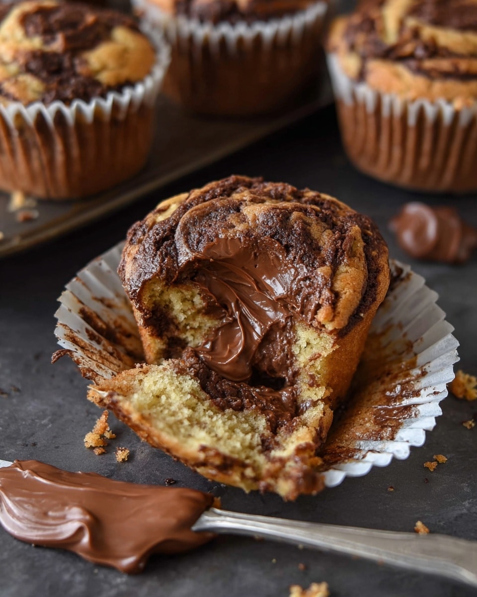 A close-up of a split muffin with a golden-brown top mixed with dark chocolate swirls, sitting on an opened white paper liner. One half of the muffin is smeared thickly with smooth milk chocolate spread that glistens under the light. Around it, there are more muffins with similar marbled tops in white paper liners, placed on a dark surface that contrasts with the muffin colors. A silver knife with milk chocolate spread is resting on the surface near the muffin crumbs scattered around. Photo taken with an iphone --ar 4:5 --v 7