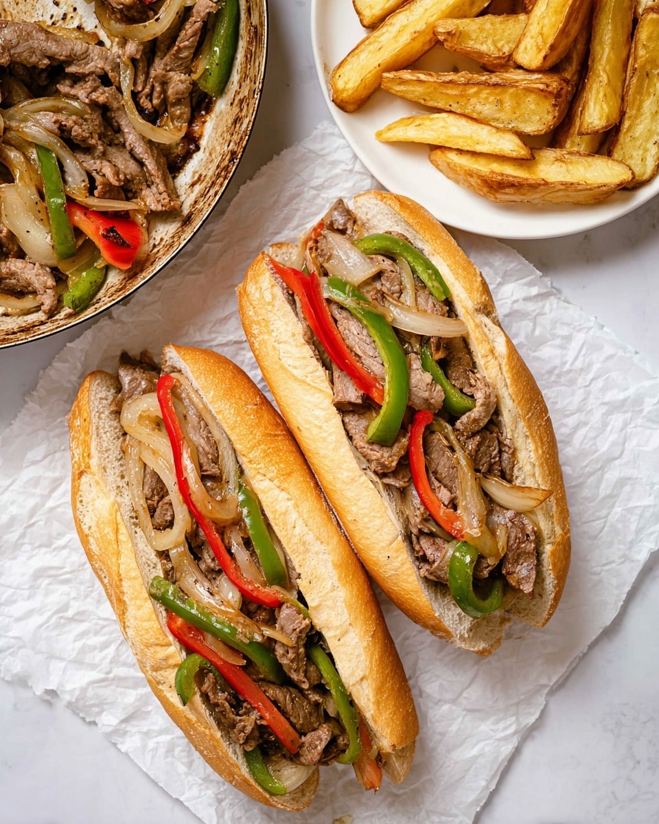 Two sandwiches sit on white parchment over a white marbled surface, each in a golden brown hoagie roll split to hold the filling. Inside, layers of cooked light brown beef strips mix with thin slices of red and green bell peppers and translucent cooked onions, all glistening slightly from sauce. To the top left, a pan shows more of the beef and pepper mixture. At the top right, a white plate holds thick, light golden fried potato wedges. The overall scene looks warm and fresh. Photo taken with an iphone --ar 4:5 --v 7