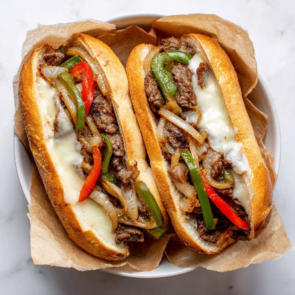 Two hoagie sandwiches are placed side by side in a round white bowl lined with light brown parchment paper, all set on a white marbled surface. Each sandwich has a soft, slightly toasted light brown bun as the base, split open to reveal layers inside. The bottom layer consists of melted white cheese stretching along the bun's length. On top, there is a mix of sautéed chicken pieces that are light golden brown, along with slices of cooked green and red bell peppers, and light golden sautéed onions with soft textures. The colors are warm and inviting, with the green and red peppers adding bright pops against the neutral tones of the chicken and bun. Photo taken with an iphone --ar 4:5 --v 7