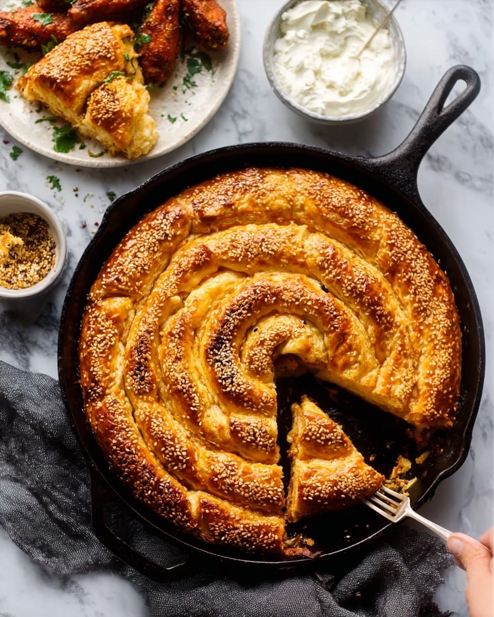A golden-brown spiral pastry with a flaky, shiny top sprinkled with white sesame seeds rests on a white plate with a natural brown rim. The pastry is cut to show its dense inner layer filled with dark brown cooked minced meat mixed with some yellow nuts or seeds, giving it a textured look. The outer layer is crisp, thin, and light in color, contrasting with the rich filling inside. A woman's hand holds a slice above the plate, revealing the inside clearly against a white marbled surface and blue patterned background. Photo taken with an iphone --ar 4:5 --v 7
