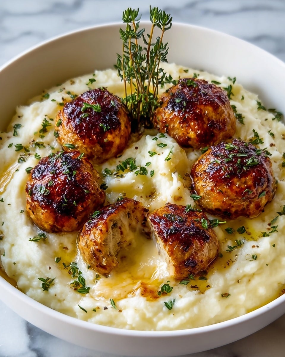 A white bowl holds a bed of creamy mashed potatoes with a smooth, slightly whipped texture and pale off-white color. On top, five golden-brown meatballs with a slightly crispy, glazed surface are arranged in a circular pattern, with one meatball cut open revealing a gooey, melted cheese center that stretches with a shiny texture. Small green herb pieces are sprinkled over the dish, adding contrast, and a few sprigs of fresh green thyme are placed upright in the center, giving height and freshness. The bowl rests on a white marbled surface. Photo taken with an iphone --ar 4:5 --v 7