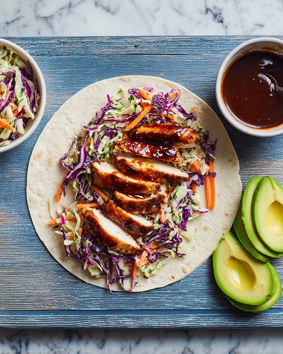 A close-up view of two burritos cut in half and stacked on a white round plate, each showing three layers inside: the first layer is shredded BBQ chicken with reddish sauce, the second layer is a mix of shredded purple and green cabbage with some light orange bits, the third layer is creamy white sauce coating the cabbage. The burrito wrap is soft and lightly toasted with small brown spots. The burritos are sprinkled with fresh chopped green herbs. On the side of the plate, there are three slices of fresh green avocado. The plate sits on a white marbled surface with extra chopped herbs scattered around. photo taken with an iphone --ar 4:5 --v 7