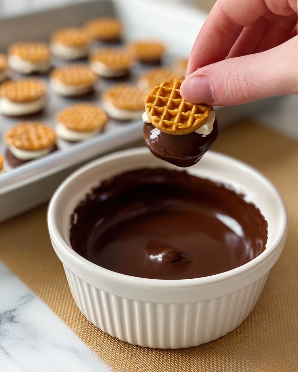 The image shows many small round treats arranged neatly on a baking tray lined with a textured mat. Each treat has three layers: a top layer of a golden-brown pretzel with a shiny surface and grid pattern, a middle layer of thick, light beige ice cream with a smooth texture, and a bottom layer partially dipped in rich, dark chocolate covering about half of the treat, creating a glossy contrast. The treats are placed in rows, filling the tray fully, with the chocolate coating side facing forward in most of them. The tray rests on a white marbled surface, and a light green textured wall is visible in the background. photo taken with an iphone --ar 4:5 --v 7