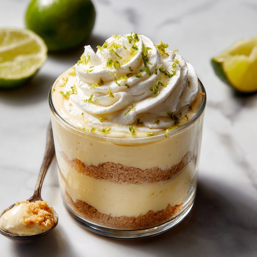 A clear glass shows a dessert with three main layers: the bottom and middle layers are smooth, creamy pale yellow pudding, separated by a crumbly, light brown crust layer in the center. The top is decorated with soft, white whipped cream swirled with small green lime zest pieces on it. A rustic metal spoon holds a scoop showing the creamy pudding and whipped cream with lime zest. The scene is set on a white marbled surface with blurred cut limes in the background. Photo taken with an iphone --ar 4:5 --v 7