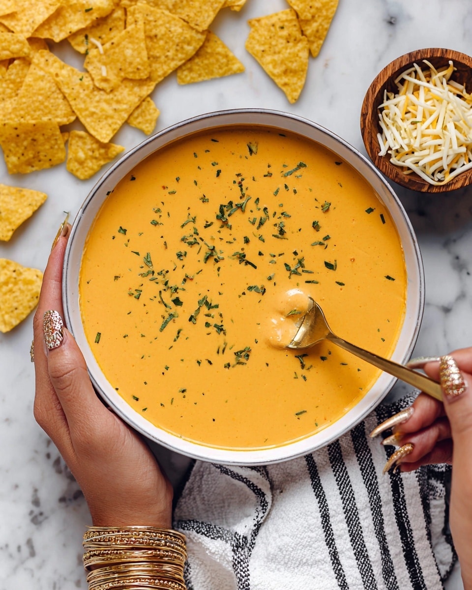 A small black cast iron dish sits on a white marbled surface, filled with several golden yellow tortilla chips layered beneath a smooth, creamy yellow cheese sauce that covers most of the chips unevenly, dripping slightly over the edges. A woman's hand is seen picking up one chip coated thickly in the cheesy sauce, showing its firm but crispy texture. Scattered around the dish are more plain tortilla chips. Photo taken with an iphone --ar 4:5 --v 7