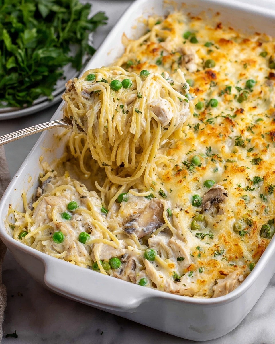 A white rectangular baking dish filled with creamy spaghetti casserole topped with a layer of melted yellow and white cheese mixed with green peas and small bits of herbs. Below the cheesy top, there are tender spaghetti noodles coated with a creamy sauce, visible pieces of chicken, and scattered green peas. A fork is twirling some noodles from the bottom layers, showing the creamy texture and chicken bits more clearly. The dish is placed on a white marbled surface. photo taken with an iphone --ar 4:5 --v 7