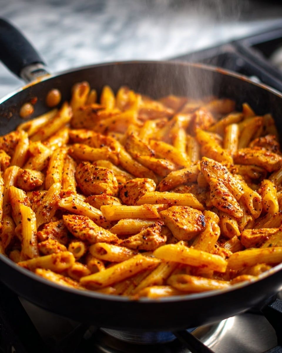A close-up view of a black frying pan filled with cooked penne pasta mixed with pieces of chicken. The pasta is coated in a reddish-orange sauce with visible specks of black pepper and seasoning. The chicken pieces are light brown, mixed evenly throughout the pasta. Steam rises slightly from the dish, showing it is hot. The pan is placed on a stove with a clear focus on the food inside. The background features a white marbled texture. photo taken with an iphone --ar 4:5 --v 7