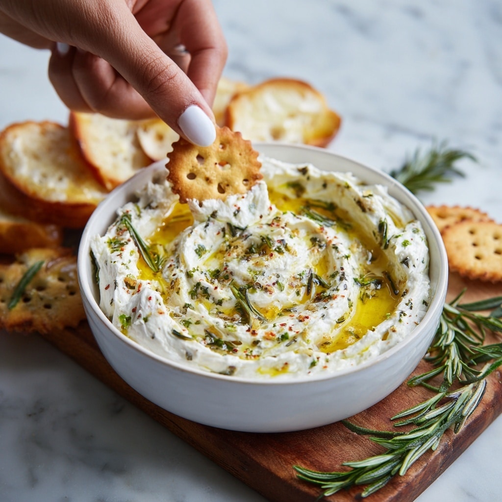 A shallow white bowl holds three textured layers of creamy white dip swirled on top with visible small green herb pieces and a sprinkle of red seasoning, all drizzled with shiny golden oil gathered in the swirls' center; the bowl is placed on a wooden board, surrounded by pale toasted bread slices with golden edges, alongside fresh green rosemary sprigs scattered on the white marbled surface. photo taken with an iphone --ar 4:5 --v 7