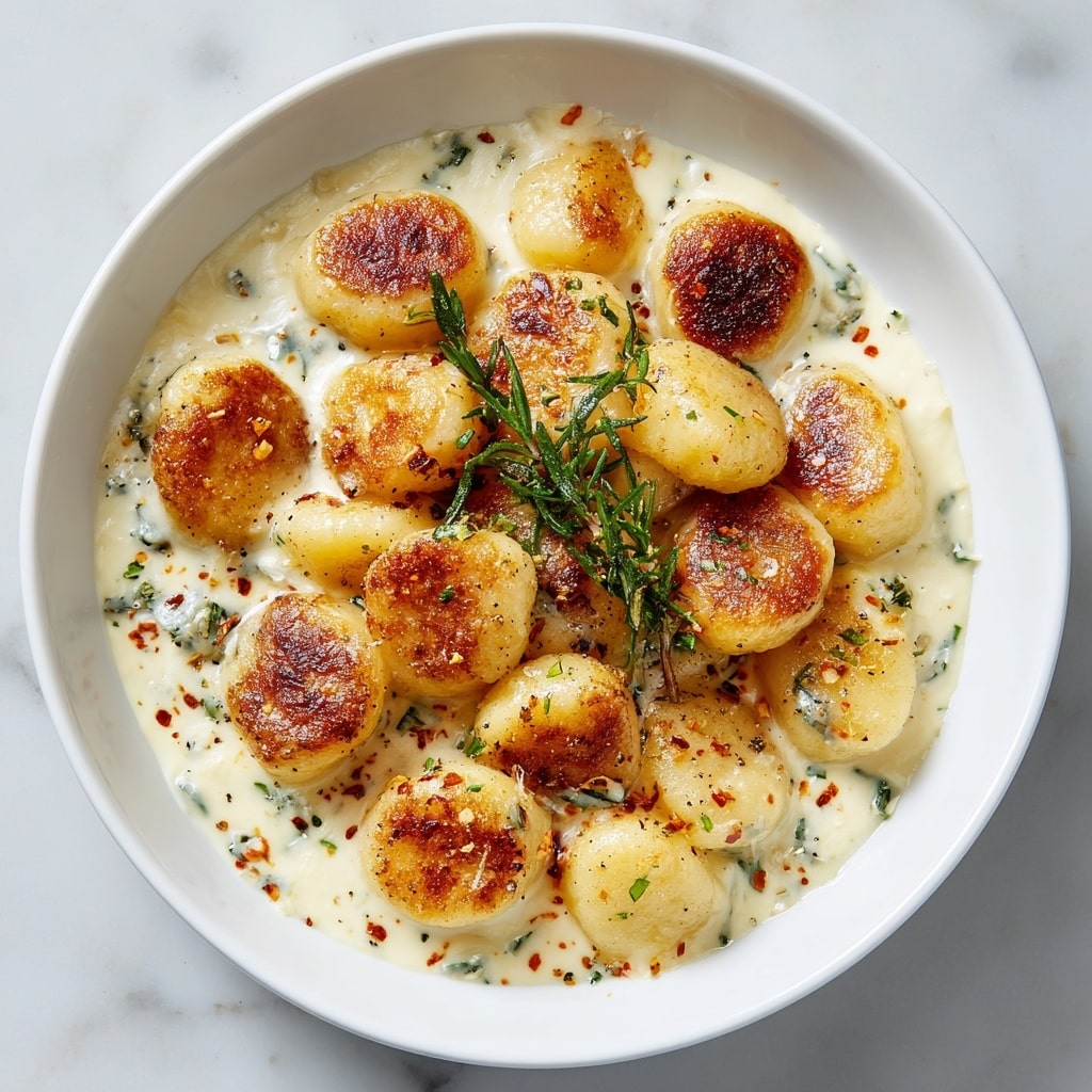 The image shows a close-up of a stainless steel pan filled with round, light yellow gnocchi pieces covered in a creamy white sauce. The sauce looks smooth and has flecks of black pepper and red chili flakes scattered on top. There are also a few green leafy herbs mixed in, adding contrast to the dish. A wooden spoon is lifting some gnocchi from the pan, held by a woman's hand at the edge of the frame. The background is a white marbled texture. Photo taken with an iphone --ar 4:5 --v 7