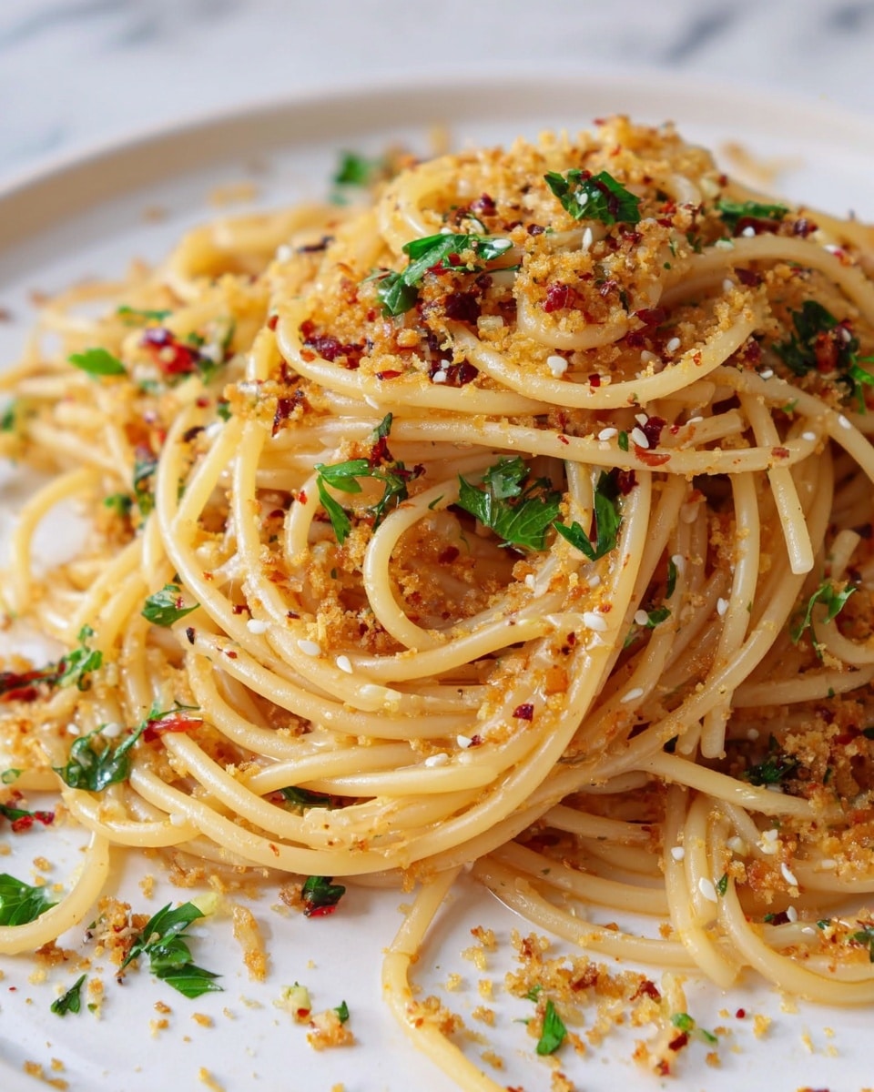 A white round plate holds a mound of thin spaghetti noodles mixed with a light brown sauce. The spaghetti is topped with small bits of browned ingredients and freshly ground black pepper, adding specks of dark texture throughout. The noodles appear oily and slightly glossy, twisted and piled high in the center of the plate. A woman's hand with a natural nail color gently supports the plate from below, and the whole scene sits on a white marbled surface. photo taken with an iphone --ar 4:5 --v 7