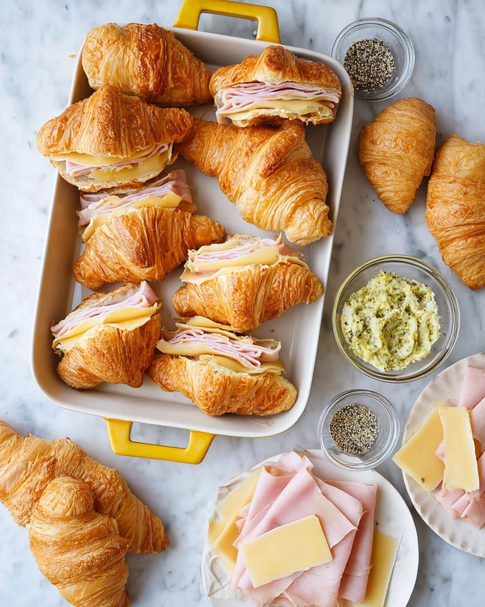 Two croissant halves sit on a white plate placed on a white marbled surface. The croissants have a shiny golden brown, flaky outer layer with melted cheese sprinkled on top. Inside, the first layer is soft, light yellow melted cheese, followed by thin pink slices of ham, and more melted cheese, all held together by the flaky croissant bread. In the background, there is a white baking dish with more croissants and a stack of white bowls next to a white cloth with blue stripes. photo taken with an iphone --ar 4:5 --v 7