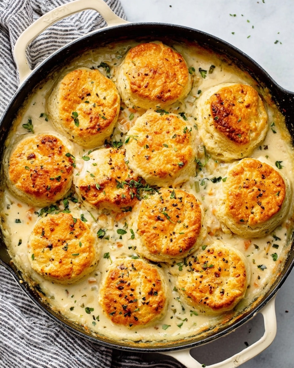 The dish shows a skillet filled with five golden brown biscuits sitting on top of a creamy chicken and vegetable stew. The stew layer has a thick texture with visible pieces of green peas, orange carrots, yellow corn, and shredded white chicken. Some green herbs are sprinkled over the biscuits for garnish. The skillet has a light pink handle and rests on a white marbled surface. A silver spoon is partially dipped into the stew near the right side of the skillet. There is a beige and blue striped cloth napkin beside the skillet. photo taken with an iphone --ar 4:5 --v 7