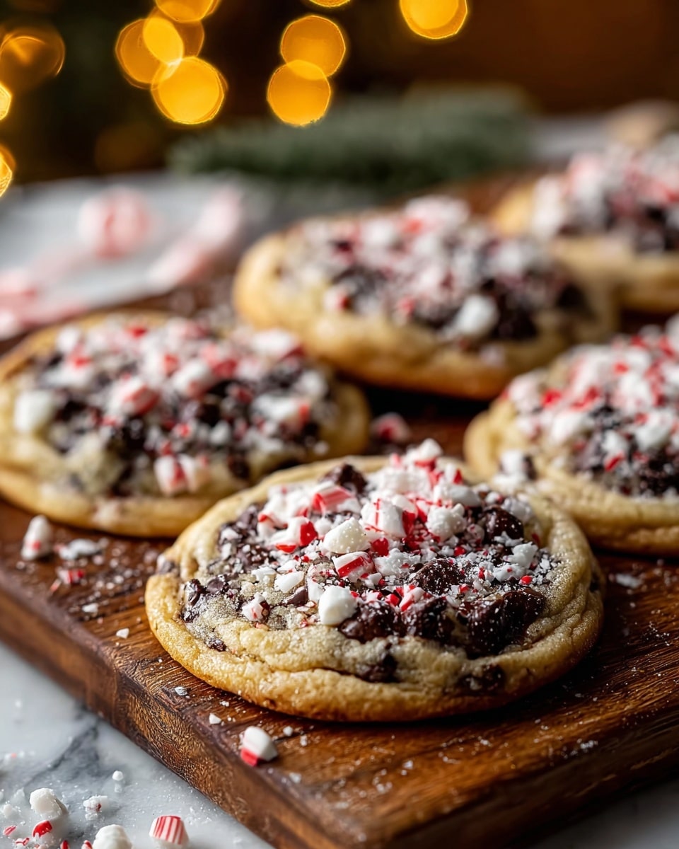 The image shows close-up of five chocolate chip cookies placed on a wooden board, each cookie has a golden-brown base layer with a soft texture and melted dark brown chocolate chips spread on top, sprinkled generously with crushed white and red peppermint candy pieces creating a festive look, the background is blurred with warm yellow lights and a white marbled texture surface underneath the board. photo taken with an iphone --ar 4:5 --v 7